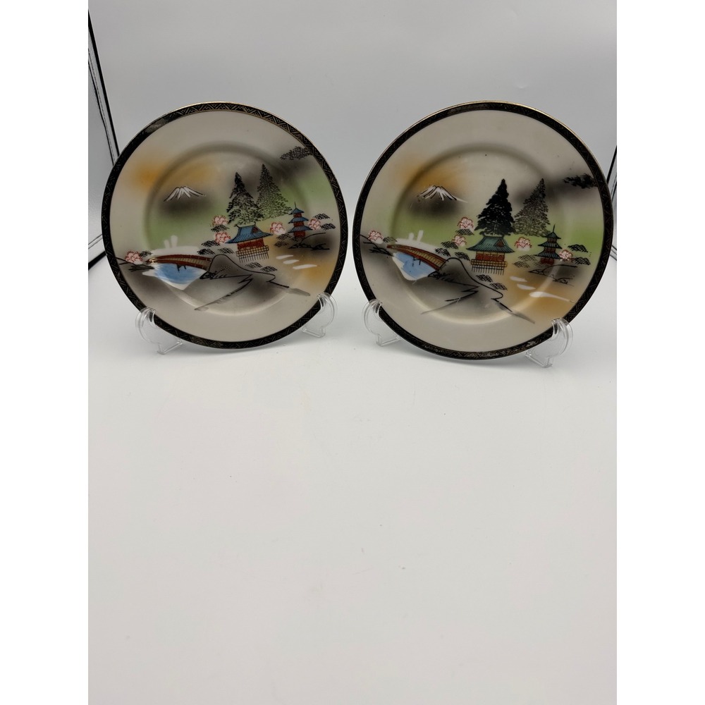 Vintage Ritz China Hand Painted Japanese Landscape Plates Mt Fuji Pagoda Set 2